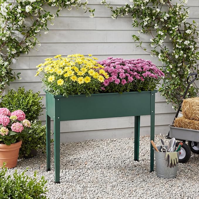 HAPPYGRILL Raised Garden Bed, 31.5” Elevated Planter Box w/Legs, Drainage Hole, Hemming Design, Metal Garden Box for Vegetable Herb, Outdoor Raised Beds for Gardening, Backyard Porch Balcony, Green