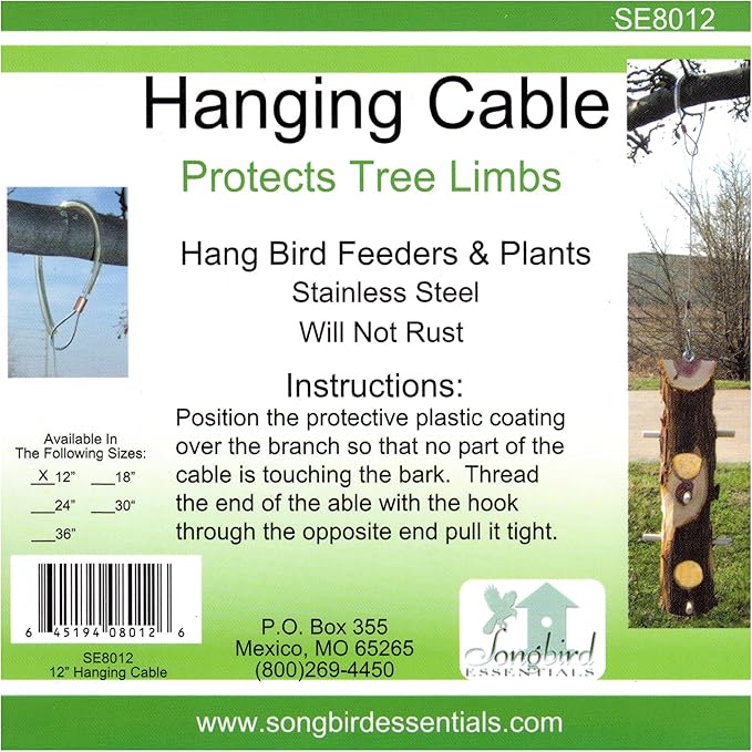 Songbird Essentials Hanging Cable Tree Limb Protector with S Hook - Steel Cable with Silicone Sleeve - Protects Tree Limbs from Heavy Bird Feeders and Decorations - 12 Inch Cable