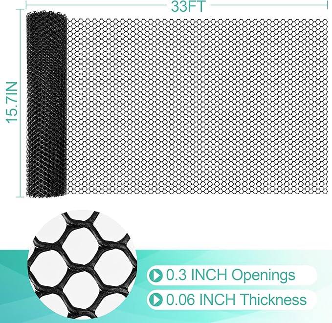 Plastic Mesh Fence Sheet 15.7IN x 33FT - 0.3IN Opening Plastic Chicken Wire Netting Roll Durable for Dogs, Poultry, Puppy, Garden Snake Barrier with 50 Pcs Zip Ties - Black