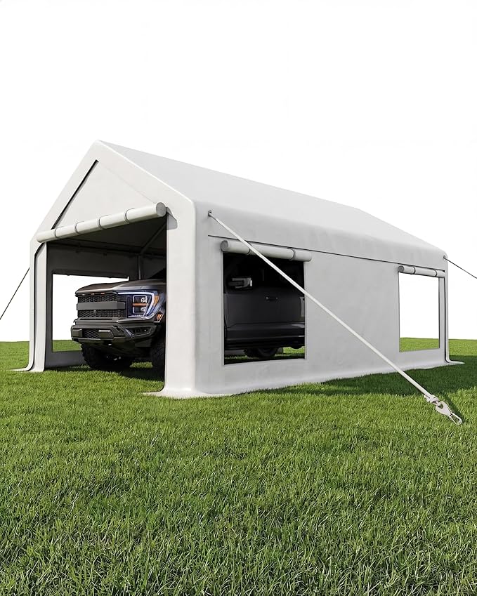 12x20 ft Portable Garage, Heavy Duty Carport with 200g PE Canopy, Roll-Up Doors and 4 Mesh Windows, 21 & 18 Galvanized Steel Frame, Outdoor Carport Shelter for Truck Boat SUV Tractor, White