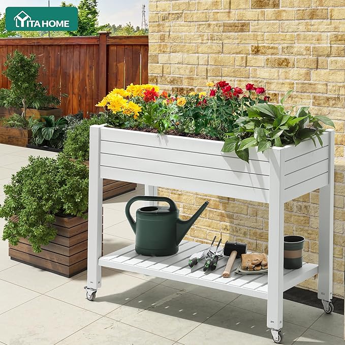 YITAHOME Raised Garden Bed Outdoor 43.3x17.7x34 in Raised Planter Box with Legs, Drain Plug and Storage Shelf, Elevated Planter Box for Plants Vegetables Flowers Herbs, White