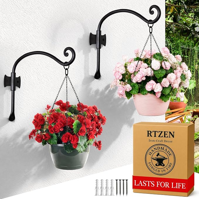 RTZEN Plant Hangers Outdoor or Indoor - Wrought Iron Metal Hanger Indoor Hook - Heavy Duty Wall Bracket Hooks for Hanging Plants Baskets Lanterns Bird Feeders - 2 Pack (Black Axe-Shape Hooks 12")