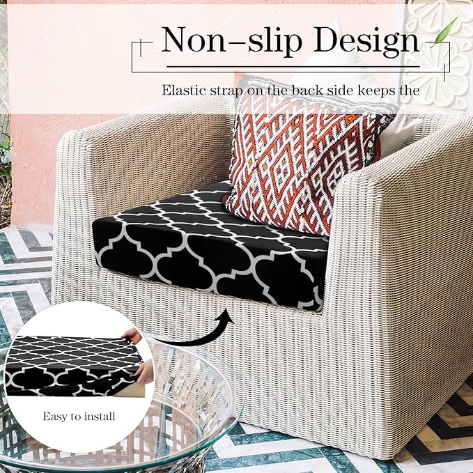 Newwiee 4 Pcs Waterproof Outdoor Cushion Covers for Patio Furniture Stretch Outdoor Couch Cushion Covers Replacement Moroccan Pattern Chair Seat Sofa Slipcovers Soft Flexibility Protector(Black)