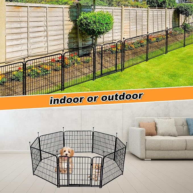 Getlay 24 in(H) Decorative Garden Fences with Gate, 8 Panels Total 15.7 ft(L) Heavy Duty Iron Animal Barrier Fence for Yard,Suitable for Indoor Pet Fence Or Outdoor Dog Fencing, Garden Border Fence