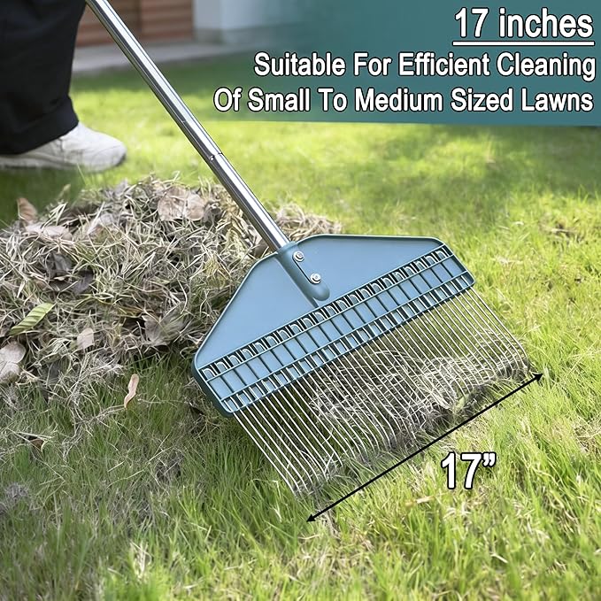 YEELOR Thatch Rake with 66 Inch Adjustable Handle, 17 Inch Wide Durable Dethatcher Rake, Ideal for Garden, Yard and Lawn, Used for Removing Thatch, Pine Needles, Burrs and Acorns