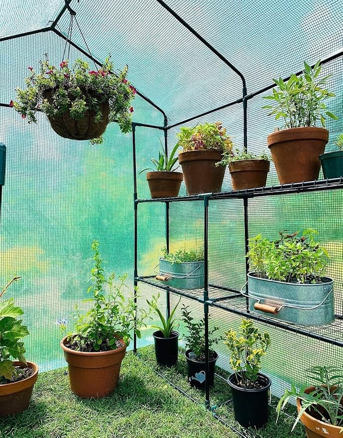 Ohuhu Greenhouse for Outdoors with Screen Windows, 57 x 57 x 76'' Walk in Plant Greenhouses Heavy Duty with Durable PE Cover, 3 Tiers 12 Shelves Stands Plastic Portable Green House with Shelf Clips