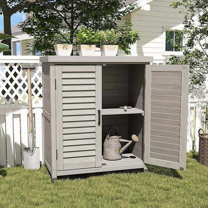 YOPTO Outdoor Wood Storage Cabinet,Garden Shed Tool with Metal Table Top, Backyard Waterproof Shelter W/Ventilated Screen Door & 2 Handles,2 Compartments,Workstation for Lawn,31x17x36'',Grey