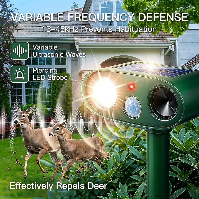 2Pack Upgraded Ultrasonic Deer Repellent for Plants Solar Animal Repellent Outdoor with Motion Sensor Strobe Light for Rabbit Cat Deterrent Raccoon Squirrel Fortress Pro Keep Pests Out of Yard Farm