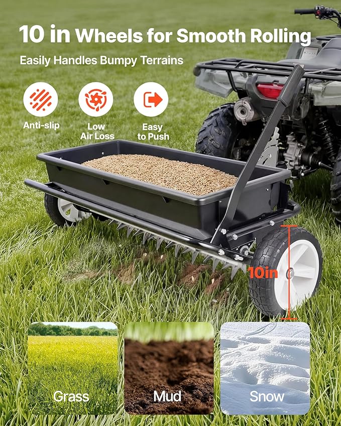VEVOR Tow Behind Lawn Spreader with Aeration Spikes, 32 in Spreading Width, Broadcast Spreader with Universal Hitch, Garden Seeder & Soil Aerator with 100lbs Capacity & 10 in Tires for ATVs UTVs