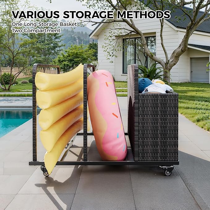 Pool Float Storage Organizer with Rolling Wheels, Outdoor Wicker Rattan Pool Caddy & Toy Storage Basket, All-Weather PE Rattan Holder for Pool Noodles, Life Vests, Beach Balls, Equipment, Patio Deck