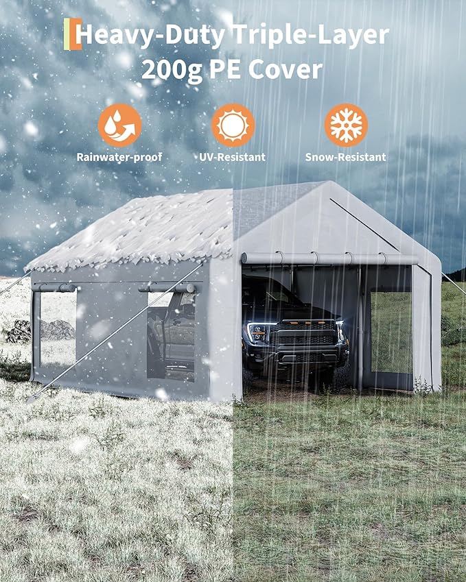 12x20 ft Portable Garage, Heavy Duty Carport with 200g PE Canopy, Roll-Up Doors and 4 Mesh Windows, 21 & 18 Galvanized Steel Frame, Outdoor Carport Shelter for Truck Boat SUV Tractor, White
