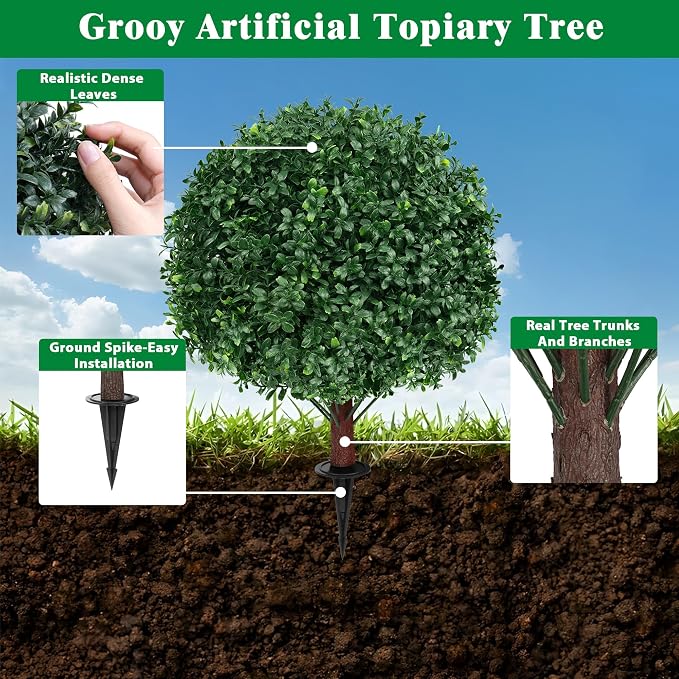 Grooy Artificial Boxwood Topiary Ball Tree with Ground Spike, Set of 4 Artificial Shrub Bushes, Fake Evergreen Tree for Porch, Artificial Plants for Outdoor Planters Indoor UV Resistant