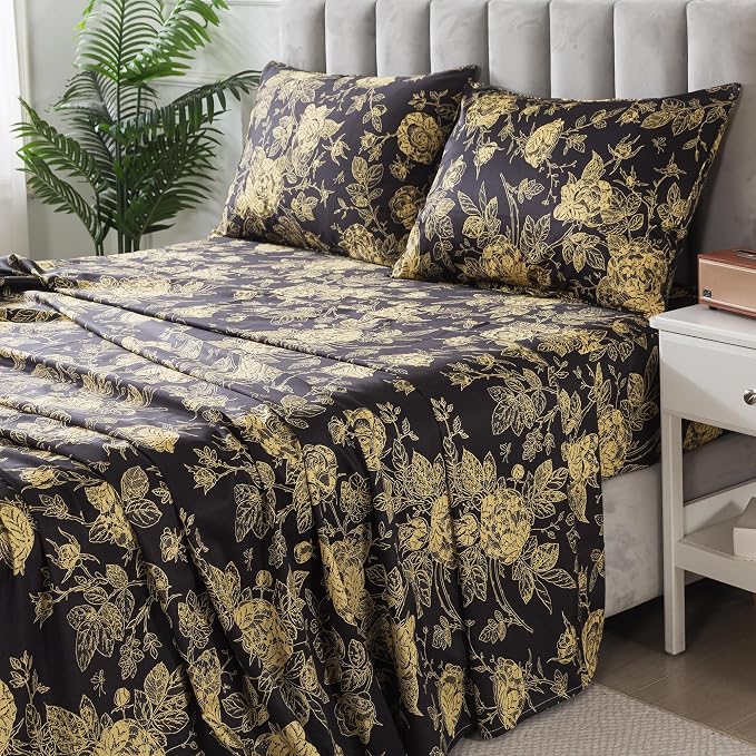 FADFAY Rose Sheets Set Twin XL Vintage Black Gold Floral Bedding Shabby Dorm Bedding Rustic Peony College Bedding 800 Thread Count 100% Egyptian Cotton Deep Pocket Fitted Sheet 4Pcs, Twin XL Size