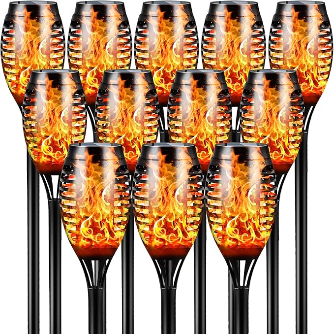 Otdair Solar Halloween Lights Outdoor Waterproof, 12 Pack 12LED Tiki Torches for Outside with Flickering Flame, IP65 Backyard Lights Outdoor Auto On/Off for Garden, Patio, Yard, Pathway