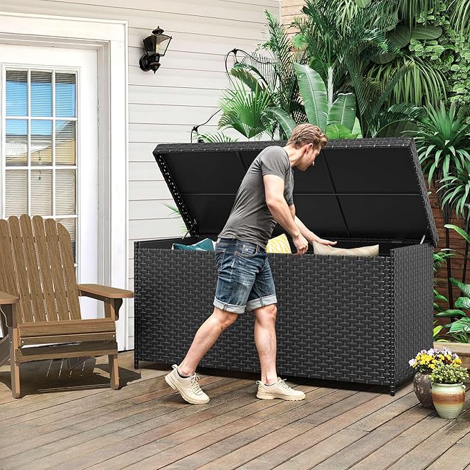 DWVO 260Gal XXL Outdoor Storage Box | All-Weather PE Wicker Deck Box with Waterproof Inner Bag & Elevated Feets | Patio, Pool, Garden Tools Container (Black)