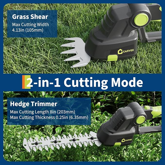 Cordless Hedge Trimmer, 2-in-1 Electric Hedge Trimmer, 20V 2.0Ah Grass Shears and Hedges Trimmers, with 2 Battery and Charger, Usage Time Can Last Up to 120 Minutes, for Gardens, Yards and Lawns