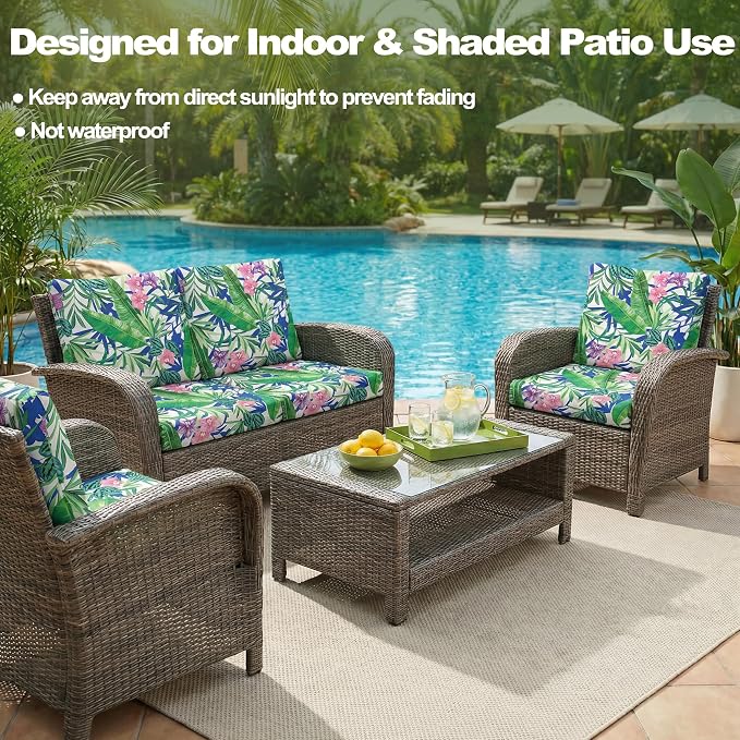 CALBODE 14 Pcs Outdoor Seat Cushion Covers, Stretch Chair Seat Cover for Patio Furniture Cushions Washable Reusable Indoor/Outdoor Couch Cover Replacement (Tropical Plant, Cover Only)