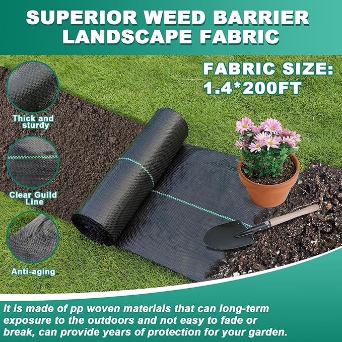 1.4FT x 200FT Weed Barrier Fabric 3.2OZ Heavy Duty, Narrow Permeable Weed Control Cloth for Garden Beds, Path, Flower Edging
