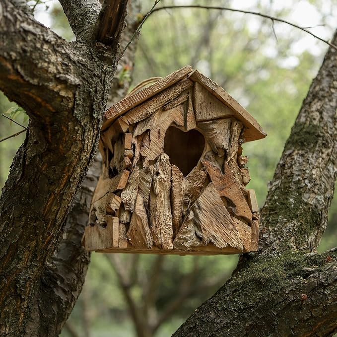 Wood Bird House Squirrel House with 2.36" Heart-Shaped Entry & Hanging Rope, Artistic Cottage-Style Outdoor Bird Feeder Garden Decoration