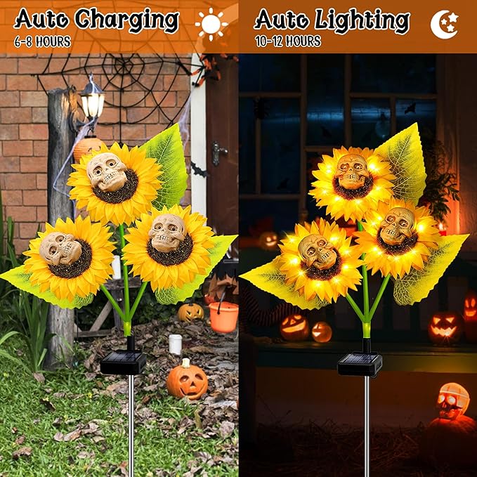 Halloween Decorations Outdoor, 4 Pack Solar Scary Skull Sunflowers Lights,Waterproof Solar Flowers Lights Garden Decor for Halloween Yard Patio Lawn Party Decor