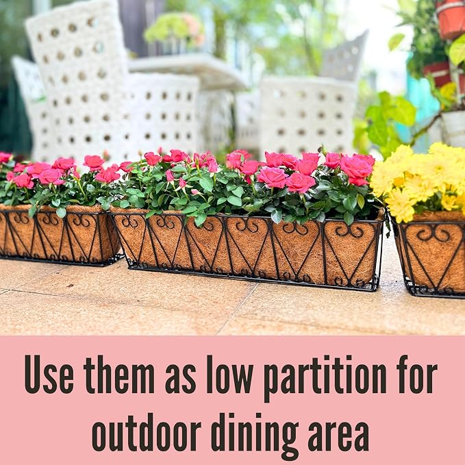 LaLaGreen Outdoor Wall Planters - 2 Pack, 30 Inch Deck Railing Hanging Pot, Over the Rail Window Flower Boxes Black Plant Basket Attach to House with Coco Liner Metal Fence Balcony Patio Porch