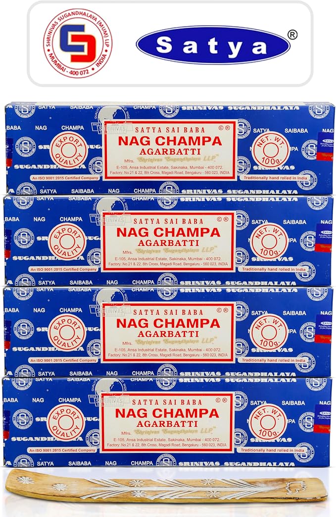 Satya Nag Champa Incense Sticks 100 gmx 4 Pack (400 GMS), Satya Insenses with Raajsee insence Holder Bundle, Nag Champa Natural Incence