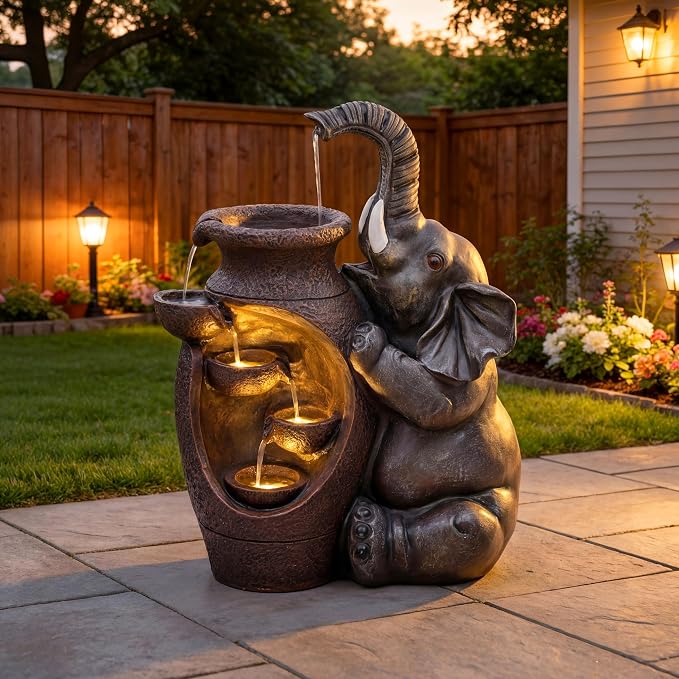 AUTODAYA 19" H Elephant Jar Outdoor Water Fountain, Rustic Farmhouse Water Feature with Tranquil Cascading Waterfall, Relaxing Garden Patio Yard Deck Kitchen Floor Tabletop Decor