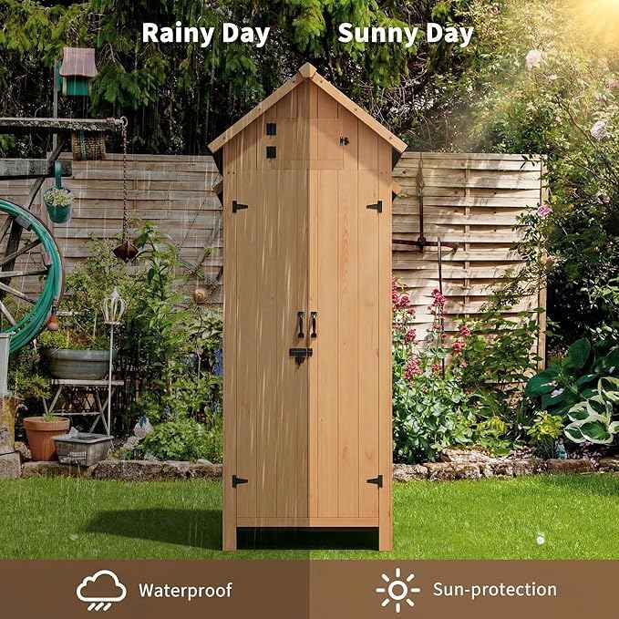 70" Tall Outdoor Storage Shed, Wooden Garden Storage Cabinet with Shelves, Waterproof Vertical Tool Storage Organizer with Lockable Doors for Patio, Backyard, Lawn Equipment & Yard Supplies