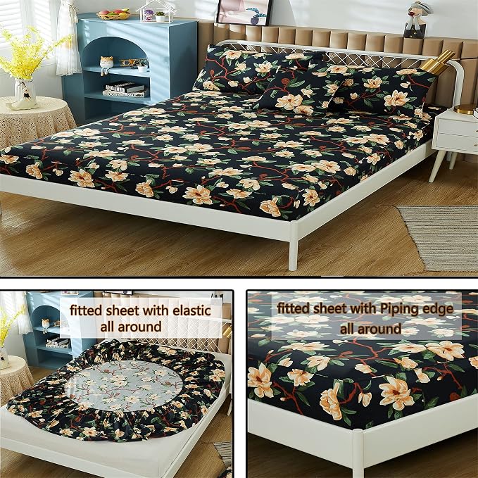 FADFAY Sheets Set Queen Shabby Black and Yellow Floral Bedding Elegant Peony Sheets Set Vintage Farmhouse Bedding Soft 100% Egyptian Cotton 800 Thread Count Deep Pocket Fitted Sheet, 4Pcs-Queen Size