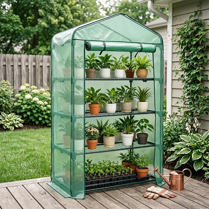 Worth Garden 50% Extra Wide Mini Greenhouse 4 Tier Portable Plant Green House 40in Wide -Sturdy Gardening Shelves with PE Cover & Roll-Up Zipper Door - Indoor & Outdoor Use - 19″W. x 40″L. x63″H.