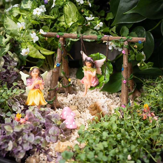 PRETMANNS Fairies for Fairy Garden Outdoor Accessories - Figurines Set with Swing, Squirrel & Mushrooms - Miniature Fairy Garden Kit - Fairy Village Supplies - 6 Piece Resin Fairies | Fairies with Swing Set, Squirrel & Mushrooms, Fairy Figurines, Garde...