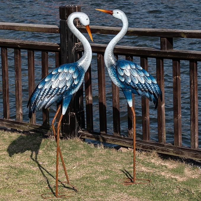 Kircust Blue Metal Heron Statues,Outdoor Garden Crane Sculptures 47-48 Inch | Waterproof and Rust-proof Bird Yard Art, For Pond & Lawn Garden Decor
