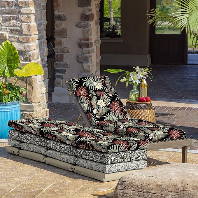 Arden Outdoor Chaise Cushion, 21 in x 72 in, Weather-Proof, Rain-Proof, Fade Resistant Patio Cushion for Chaise Lounger Simone Black Tropical
