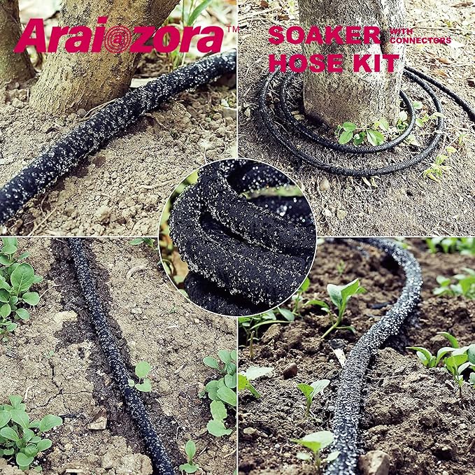 Soaker Hose 100FT 1/2 Inch Premium Kit with Solid Brass Connectors & Stakes, for Deep Root Watering in Flower Beds & Landscaping