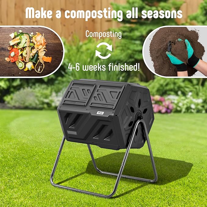 Werph 43 Gallon Compost Bin with Gloves, Fast Assembly & Easy Setup Outdoor Compost Tumbler, Updated Dual Chamber Tumbling Composter for Garden, Kitchen, and Yard Waste, Black