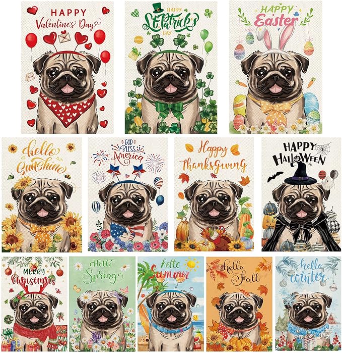 Pug Garden Flags for Outside Set of 12, Dog Welcome Seasonal Garden Flags 12x18 Double Sided for All Seasons and Holidays, Spring Summer Yard Lawn Flag for Outdoor Decor, Pug Decor