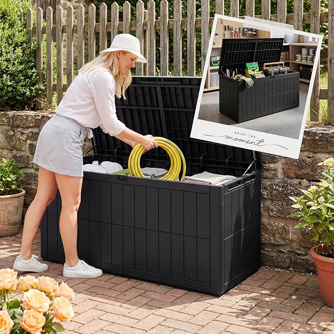 UDPATIO 100 Gallon Deck Box Outdoor Storage Box Lockable Waterproof Resin Indoor Outdoor Storage Container for Patio Cushions, Tools, Package Delivery Boxes for outside