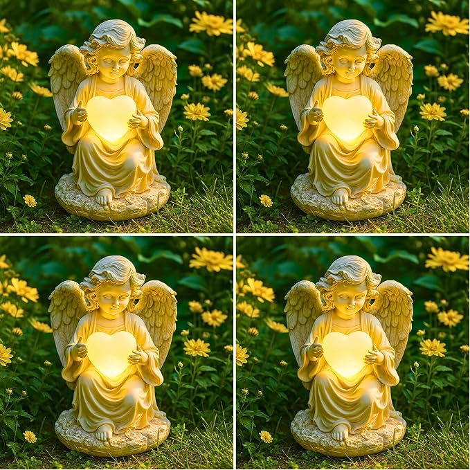 TIALLY Solar Garden Angel Statue – Praying Guardian Angel Statue Light for Outdoor Yard Decor, White Resin Garden Sculpture with Soft Glow for Angels Memorial or Cemetery Use (Pack of 4)
