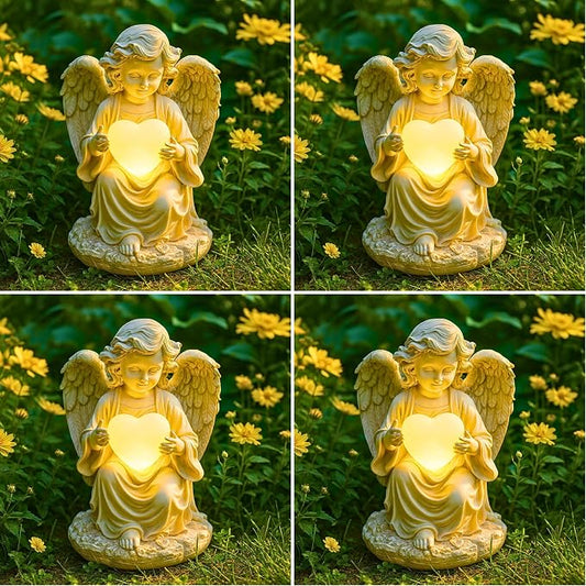 TIALLY Solar Garden Angel Statue – Praying Guardian Angel Statue Light for Outdoor Yard Decor, White Resin Garden Sculpture with Soft Glow for Angels Memorial or Cemetery Use (Pack of 4)