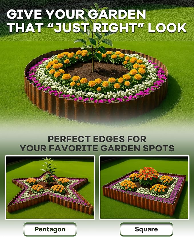 Corrugated Metal Garden Edging, Sturdy Rusty Garden Edging Border for DIY Flower Bed, Lawn and Landscape Edgings, Hemmed Edges Design, Easy Installation with Garden Gloves (20 FT x 10 in)