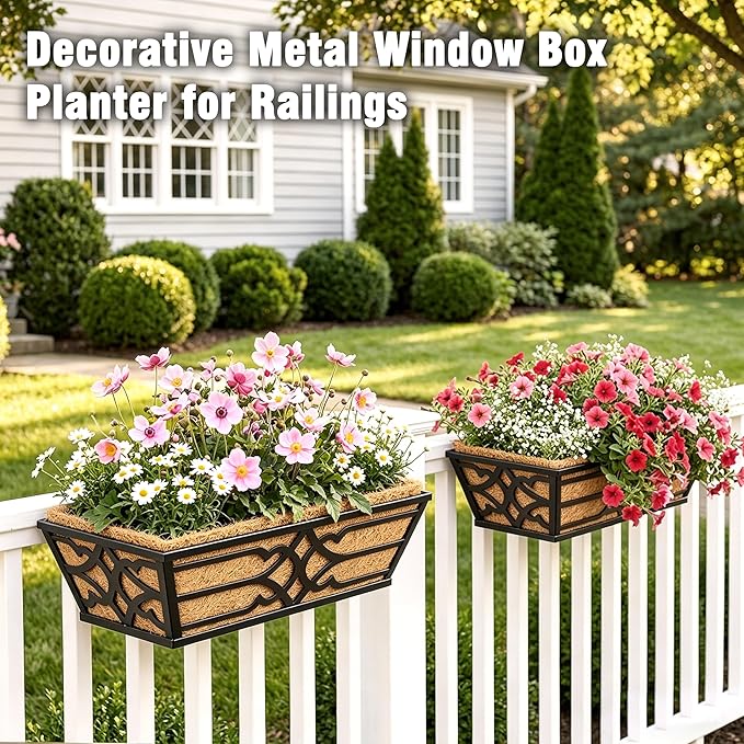 2 Pack 16 Inch Railing Planter Boxes with Coco Liner, Window Boxes Planters for Deck Railing, Metal Hanging Flower Pot Holder for Apartment Balcony Decor and Fence Post Railing
