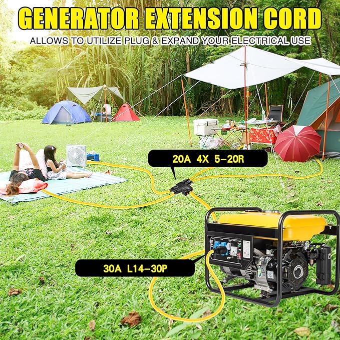 Kanayu 10FT 30 to 20 Amp 110V Generator Distribution Adapter Compatible with NEMA L14-30P to NEMA 4X 5-20R/ 5-15R, 4 Prong Generator Locking to Four Household Outlet with 20 Amp Circuit Breaker