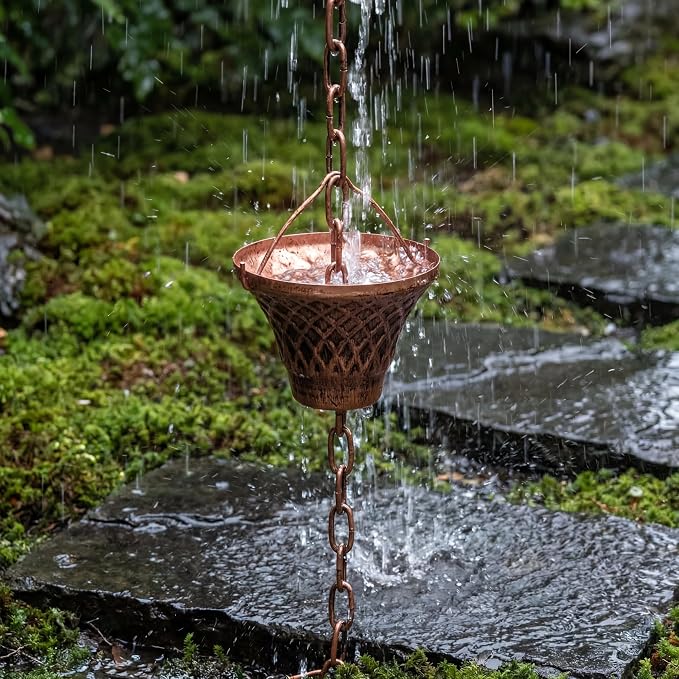 Rain Chains for Gutters Outside for Heavy Rain, 8.5FT Copper Rain Chain with 12 Cups, Adjustable Rain Catcher Chain with Chimes for Eaves Drainage, Replacement for Downspout, Outdoor Decor