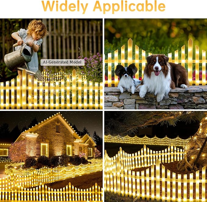 Hopolon 8 Pack 36LED Lighted Garden Fence,13.7x11.8inch Christmas Tree Fence Lights Plug in,8 Modes White Plastic Edgings Picket Decorative Fence for Landscape Patio Yard Path Home Xmas,Warm White