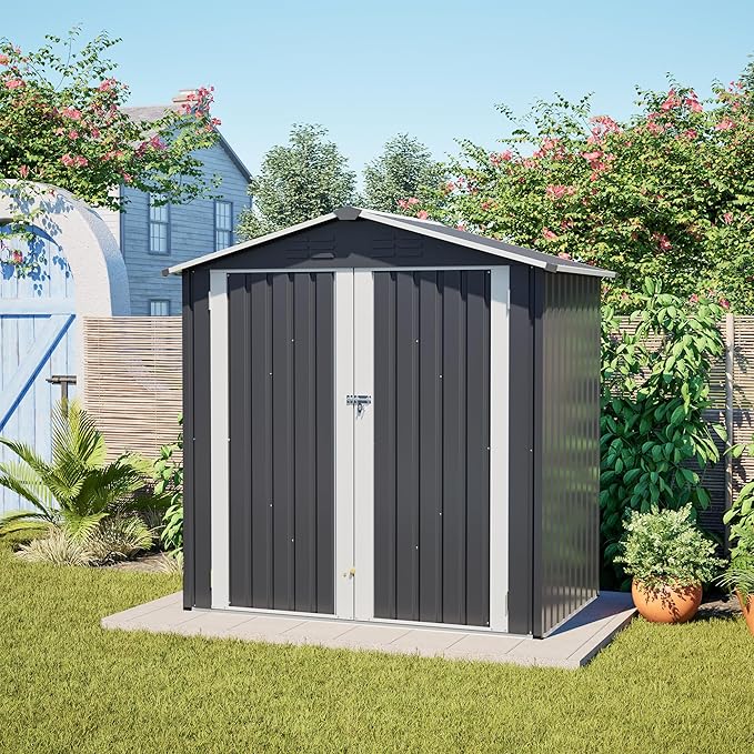 KEIKI Storage Shed 6x4 FT, Small Metal Tool Shed for Outdoor Storage, Galvanized Steel Garden Shed with Lockable Doors for Patio, Backyard, Lawn, Dark Grey