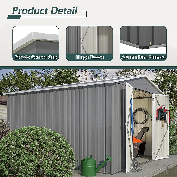 YOPTO 10X10 FT Outdoor Storage Shed,Metal Shed W/Lockable Doors,Air Vents & Sloped Roof,Garden Tool House W/Updated Frame Structure,for Backyard Patio Lawn,Gray