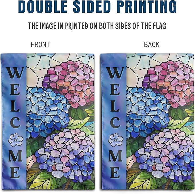 Hydrangea Spring Summer House Flag 28 x 40 Double Sided for Outside Stained Glass Flower Garden Decor Blue Floral Welcome Outdoor Yard Banner