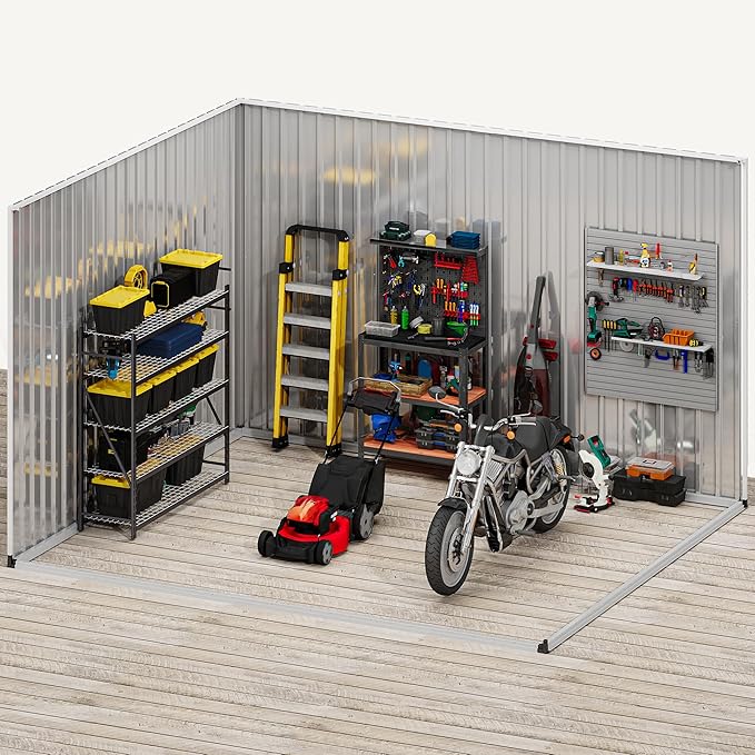 DWVO 10x8ft Metal Outdoor Storage Shed with Window, Lockable Tool Storage Sheds, Oversized Steel Garden Sheds with Sloped Roof for Backyard, Patio, Garage, Lawn (Gray + White)