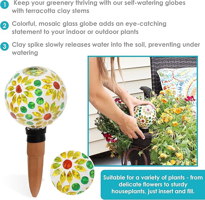 Sunnydaze Mosaic Glass Plant Watering Globe with Clay Spike - Decorative Self-Watering Planter Insert - Water Dripper for Plants - 9.5" - Bright Blooms
