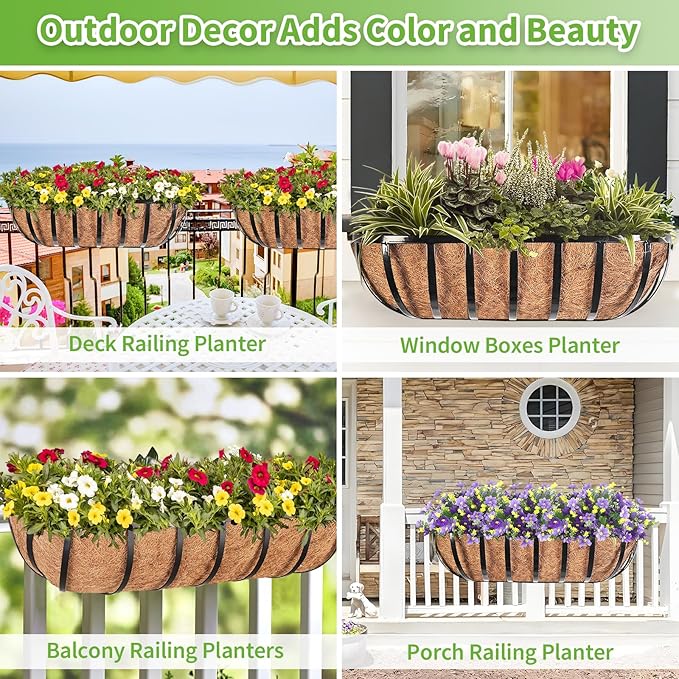 Legigo 4 Pack 24 Inch Window Boxes Railing Planter Box with Coconut Liner, Balcony Railing Planter Horse Trough Deck Window Planters, Metal Railing Hanging Flower Baskets for Outdoor Porch Fence Patio